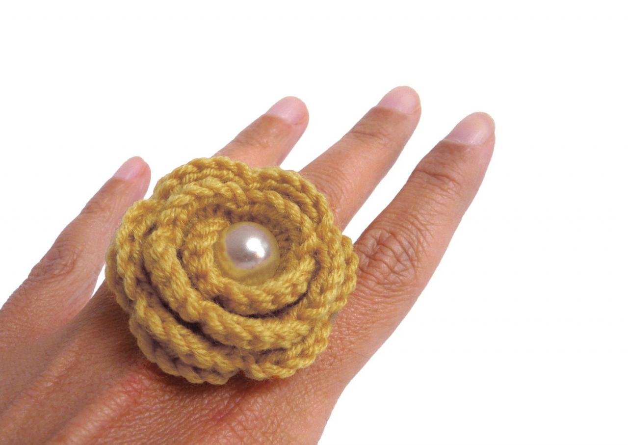 Custom Color Flower Ring, Crochet Mustard Yellow Wool Rose - Adjustable, Boho, Romantic Ring - Bridesmaid, Friend, Mom, Valentines Gift