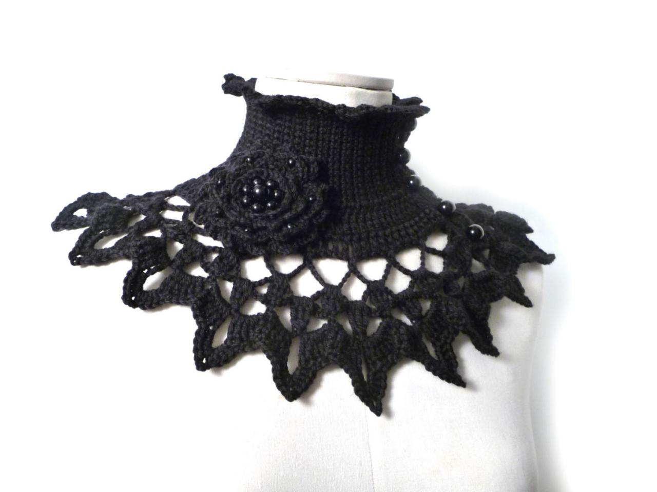 Black Crochet Neckwarmer / Collar With Turtleneck, Ruffle Neckline, Lace Collar And Flower Brooch With Glass Pearls - Ninu'