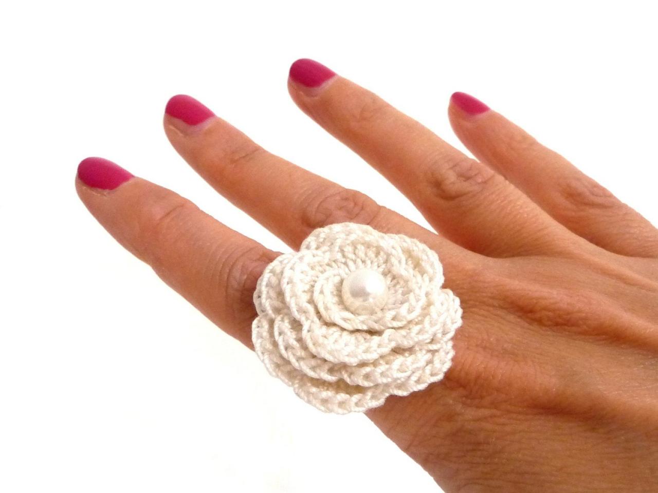 White Crochet Flower Ring - Cotton Rose, Adjustable, Statement, Boho, Romantic Ring - Bridesmaid, Mothers Day, Anniversary, Valentines Gift