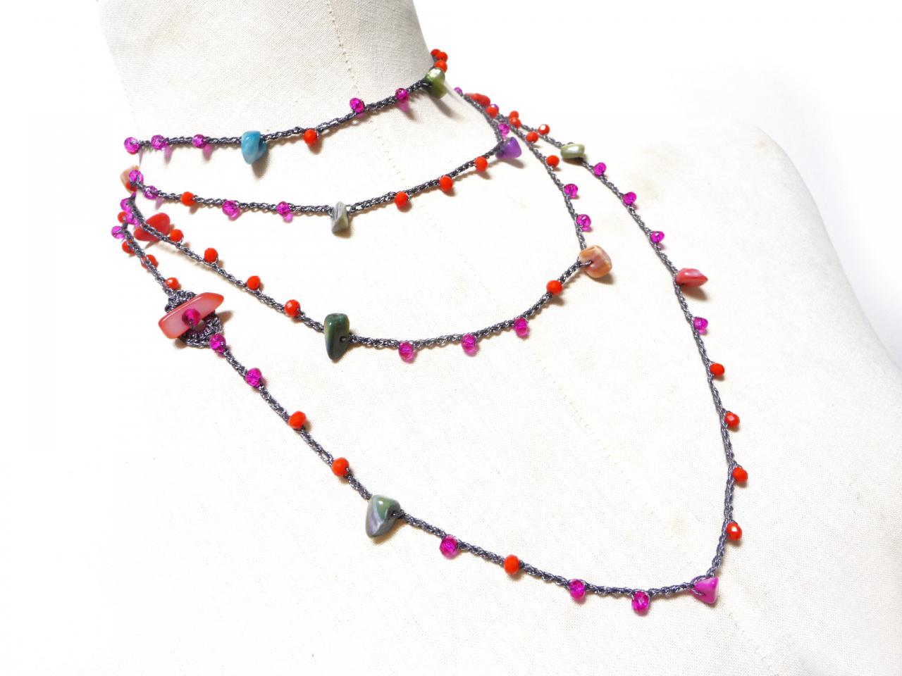 Extra Long Beaded Necklace With Orange And Pink Crystals + Multicolor Shell Chips, Crochet Boho Rosary Necklace