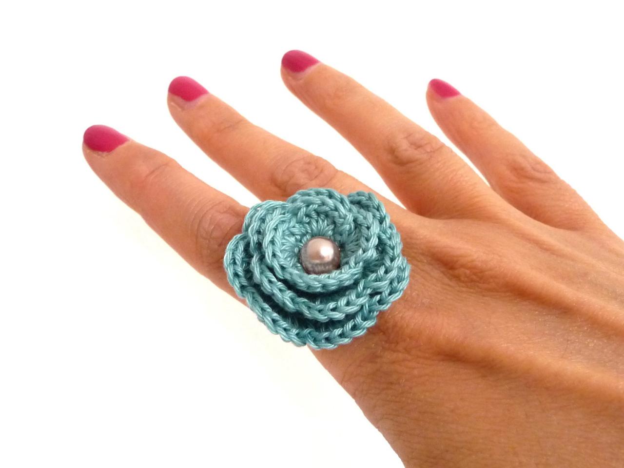 Crochet Flower Adjustable Ring - Mint Green Cotton Rose, Summer, Spring, Cocktail, Romantic Ring - Bridesmaid, Friend, Valentines Gift