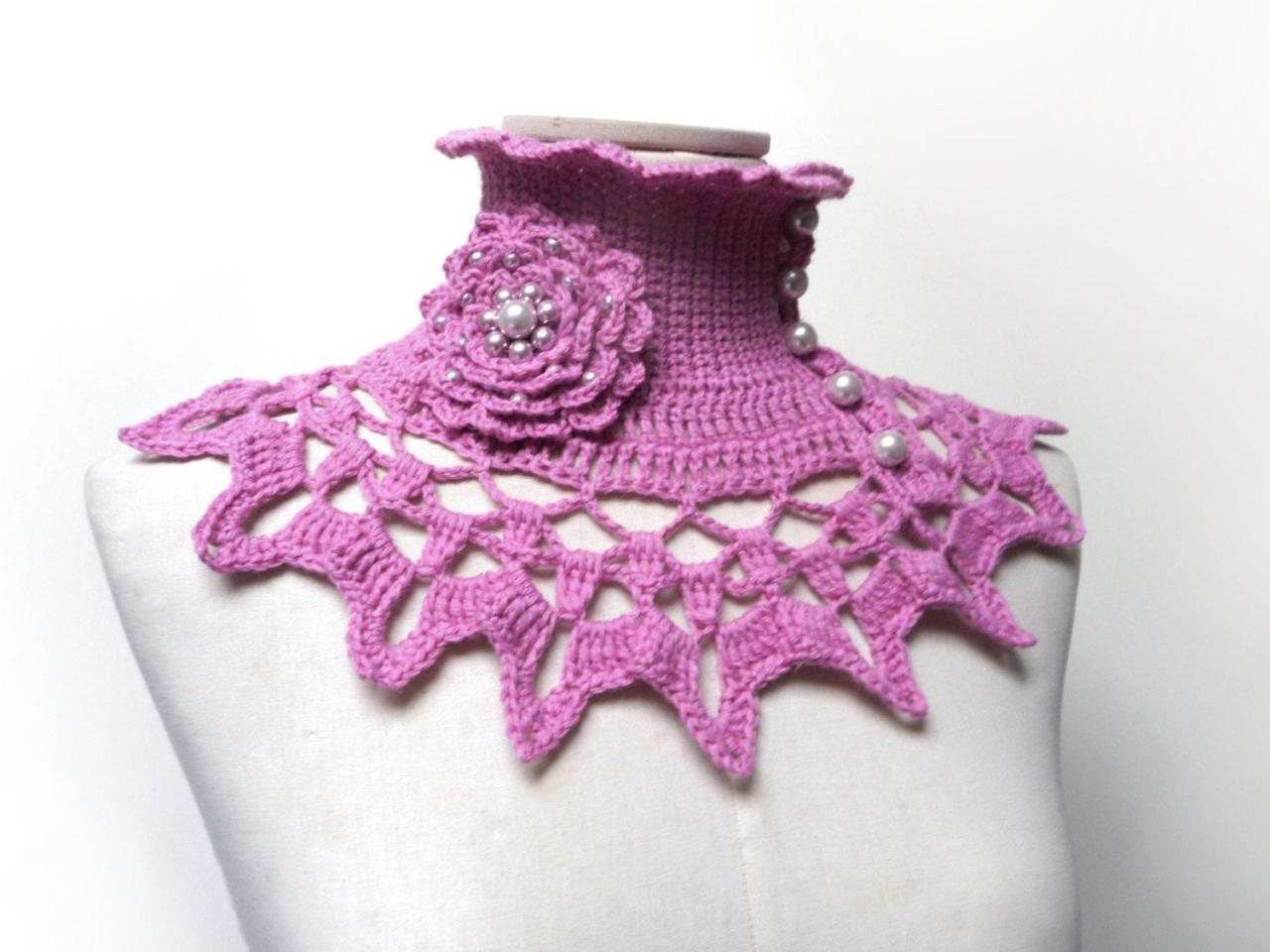 Pink Crochet Collar With Turtleneck, Ruffled And Lace Neck Piece, Custom Color Wool Neckwarmer, Boho Victorian Style, Mom Friend Gift