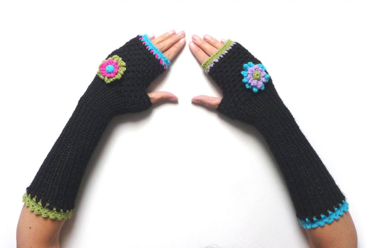 Black Knit Long Fingerless Gloves, Crochet Winter No Finger Mittens, Mitts, Arm Warmers, Wrist Warmers For Women, With Flowers, Mom Gift