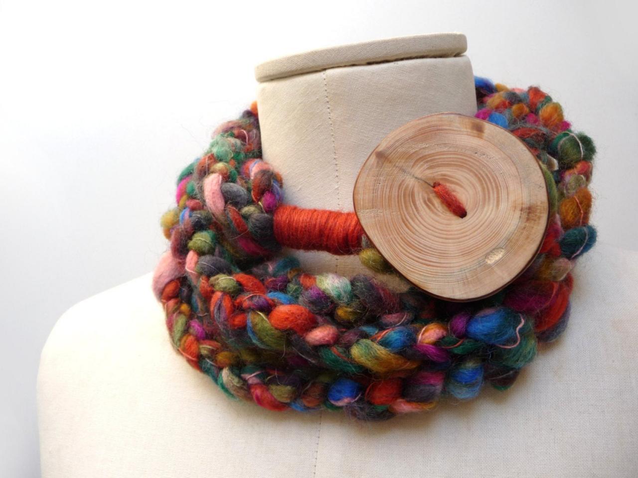 Loop Infinity Scarf Necklace, Crochet Scarflette Neckwarmer - Brown, Orange, Green, Blue, Purple Pink Multicolor Yarn With Giant Wood Button