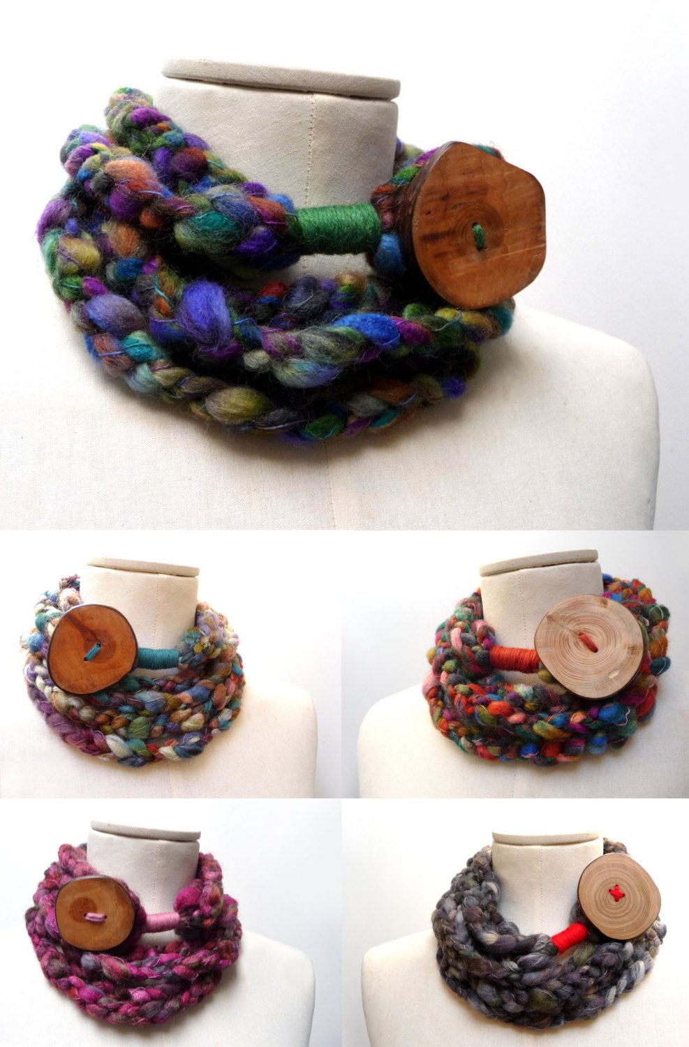 Loop Infinity Scarf Necklace, Crochet Scarflette Neckwarmer - Multicolor Yarn With Giant Wood Button - Custom Color