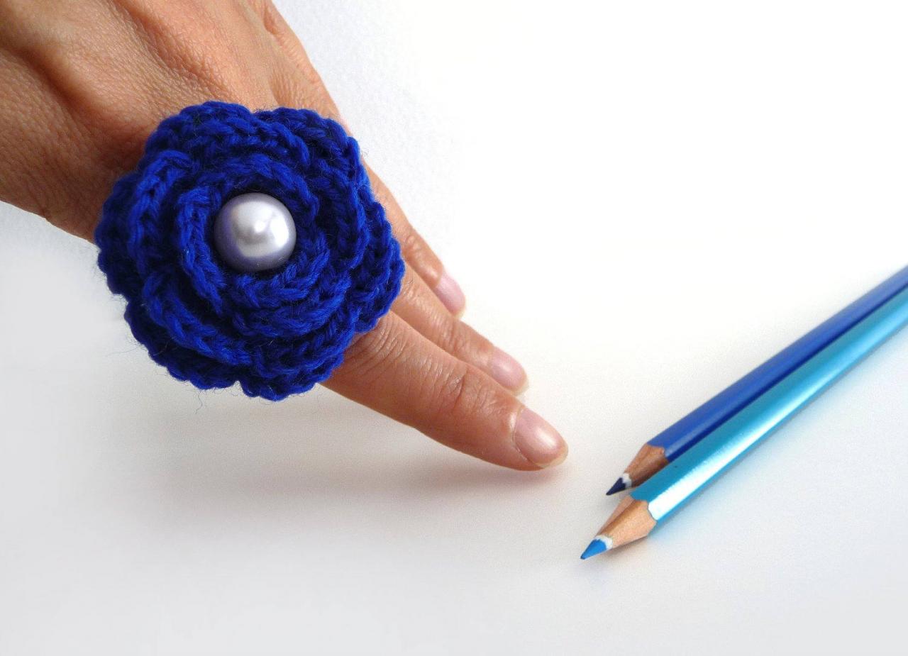 Bright Blue Flower Ring - Crochet Wool Rose, Adjustable, Boho, Statement, Romantic Ring - Bridesmaid, Friend, Mom, Valentines Gift