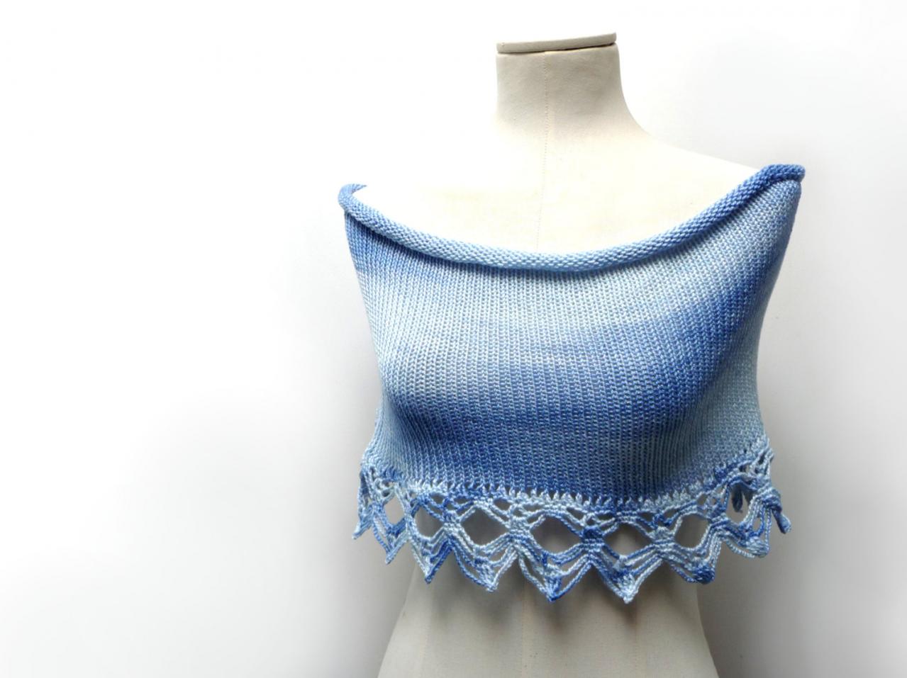 Hand Knit Cotton Capelet Shrug with Crochet Lace - Tye Dye Light Blue Shoulder Wrap - Cotton Mini Skirt - Beach Skirt