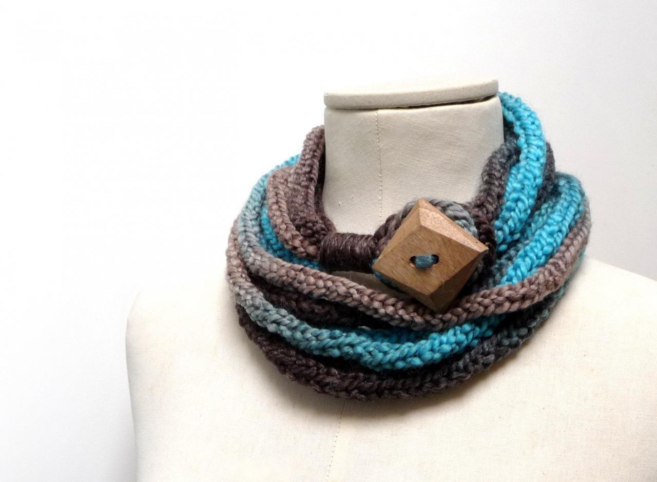 Knit Infinity Scarf Necklace, Loop Scarlette Neckwarmer - Turquoise, Brown, Teal, Beige Ombre Yarn With Big Wood Button - Handmade