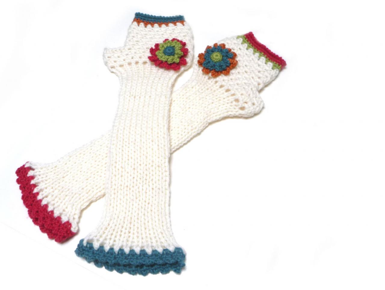 White Knit Long Fingerless Gloves, Crochet Winter No Finger Mittens, Mitts, Arm Warmers, Wrist Warmers, For Women With Flowers, Mom Gift