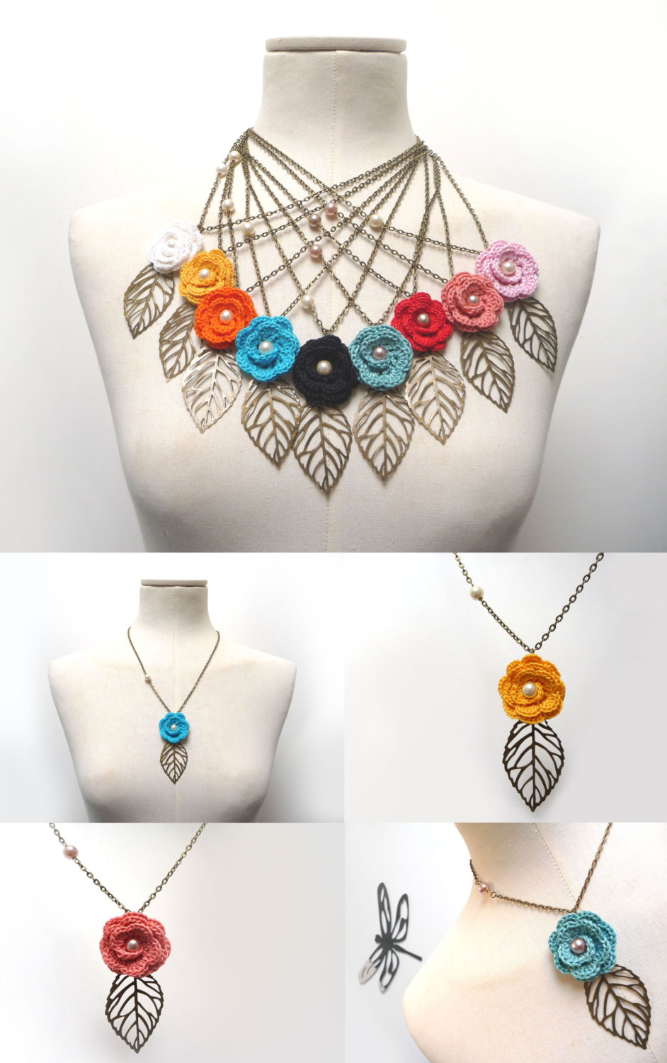 Crochet Flower Necklace With Brass Chain And Leaf - Cotton Flower With Metal Leaf And Pearls - Choose The Color