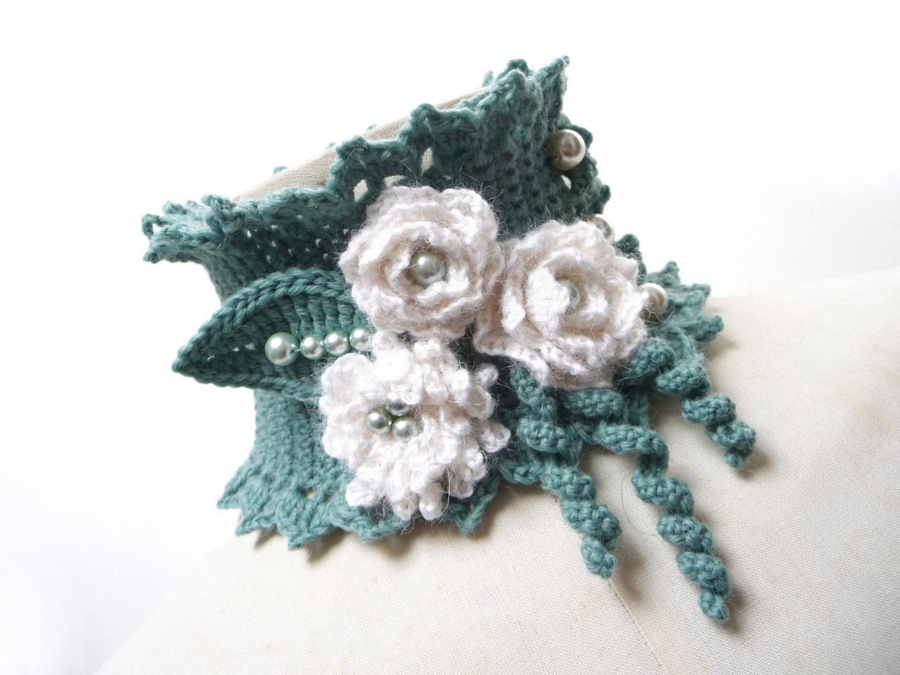 Crocheted Sage Green Neckwarmer With White Alpaca Flowers And Glass Pearls - Lux Cowl Choker - Winter Garden