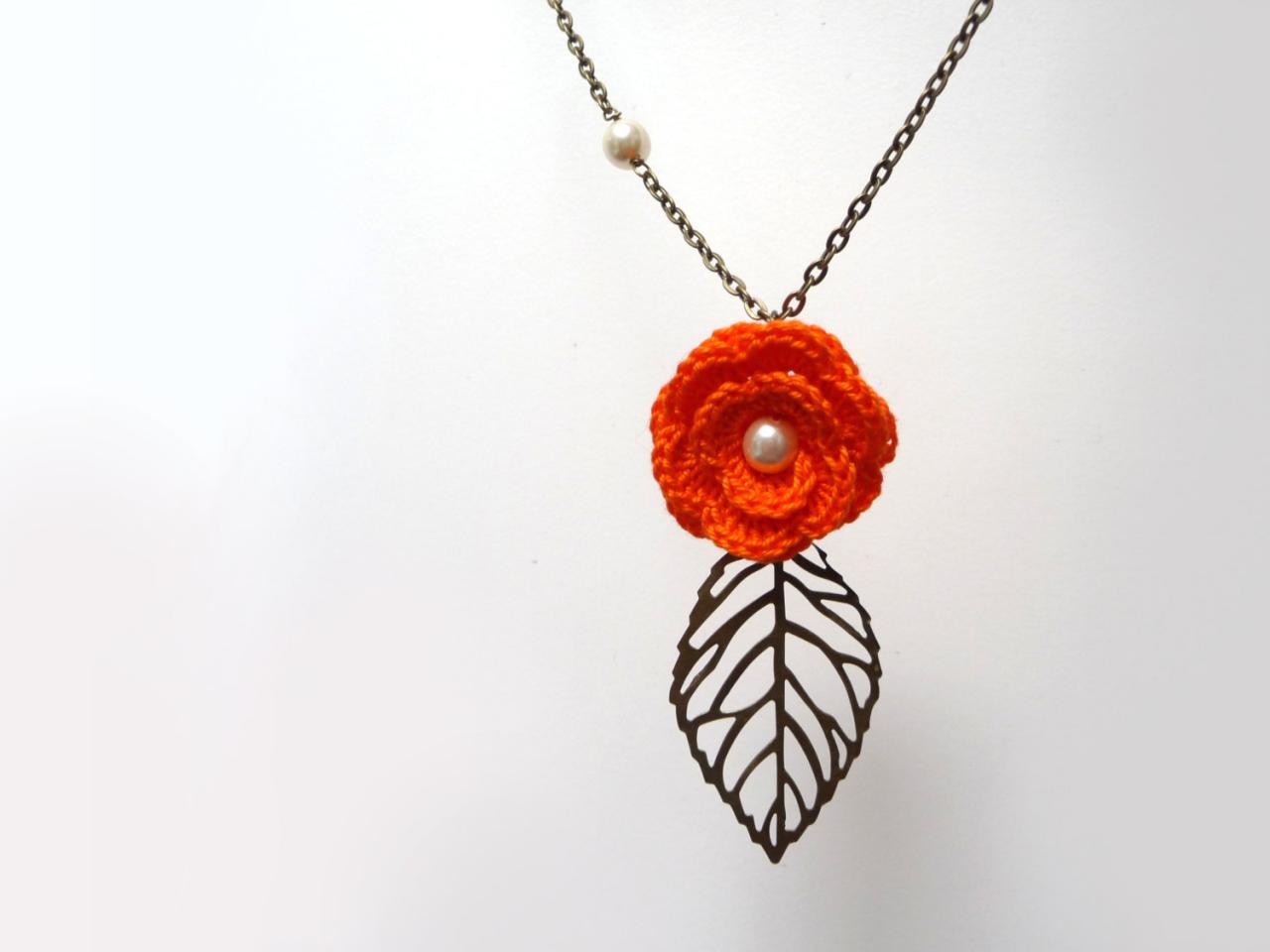 Crochet Flower Necklace With Brass Chain And Leaf - Orange Cotton Flower With Pearls - Choose The Color