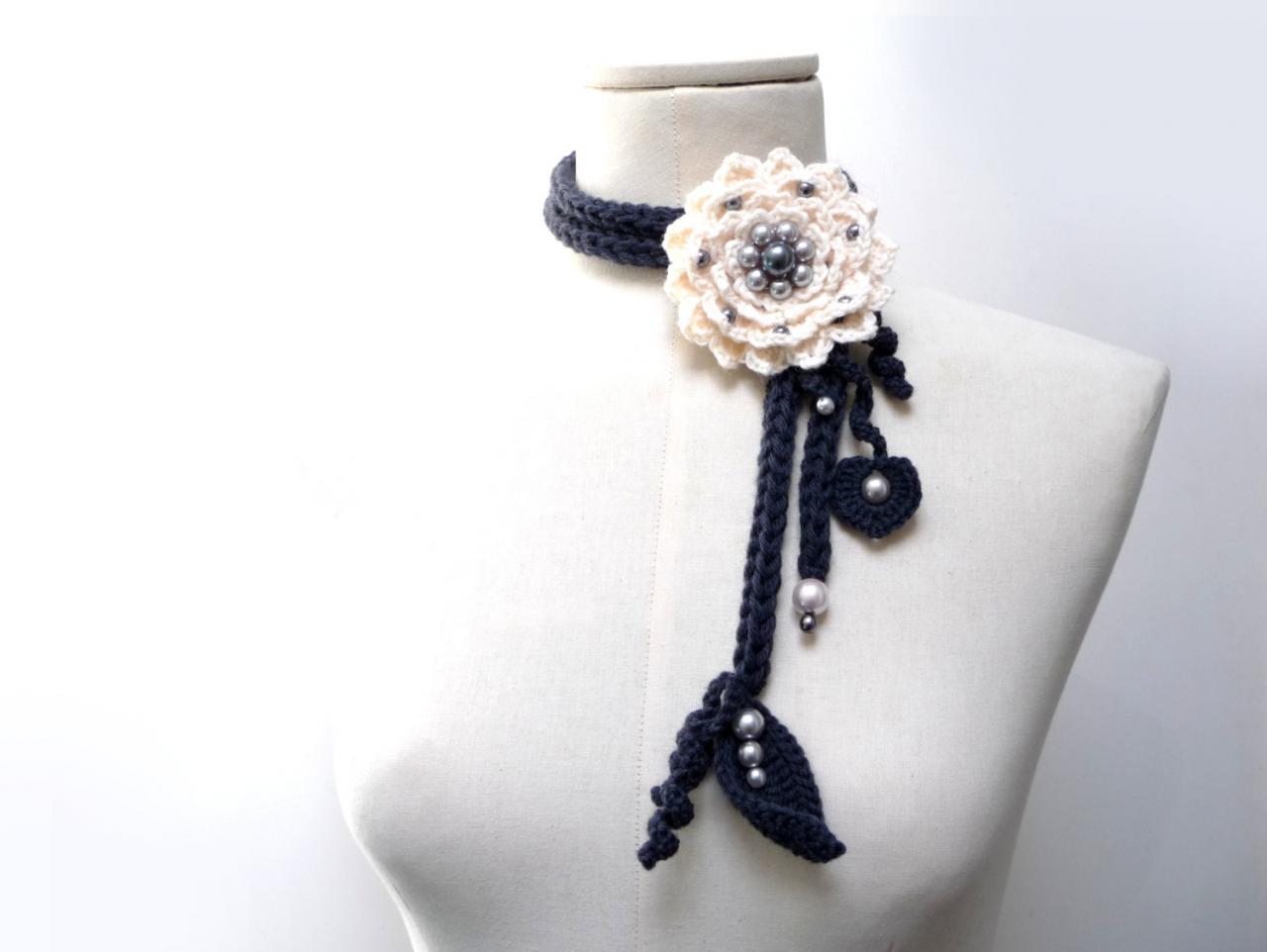 Crochet Lariat Necklace - Cream White Flower And Grey Leaves With Glass Pearls - Made To Order - Little Peony