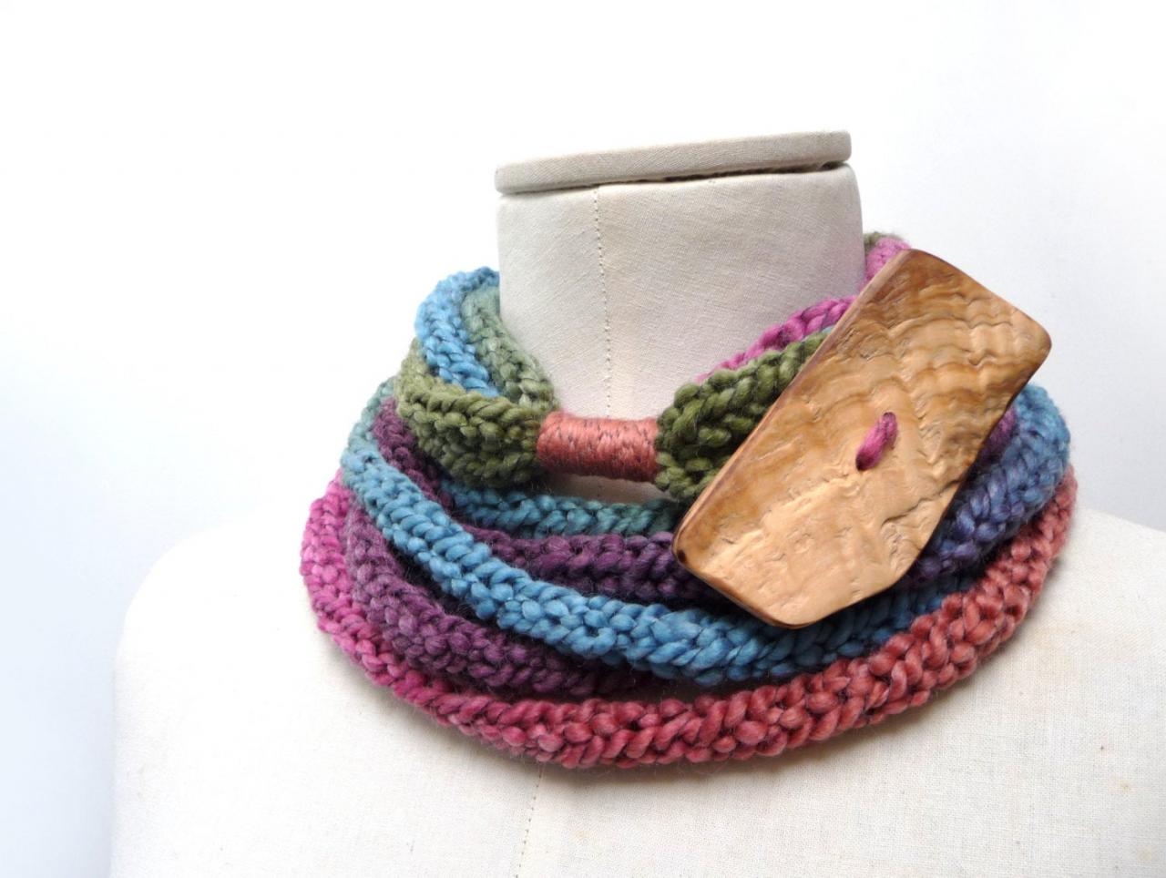 Multicolor Loop Circle Scarf, Chunky Infinity Necklace, Knit Rainbow Yarn With Giant Wood Button, Pink Purple Blue Green And Rusty Orange