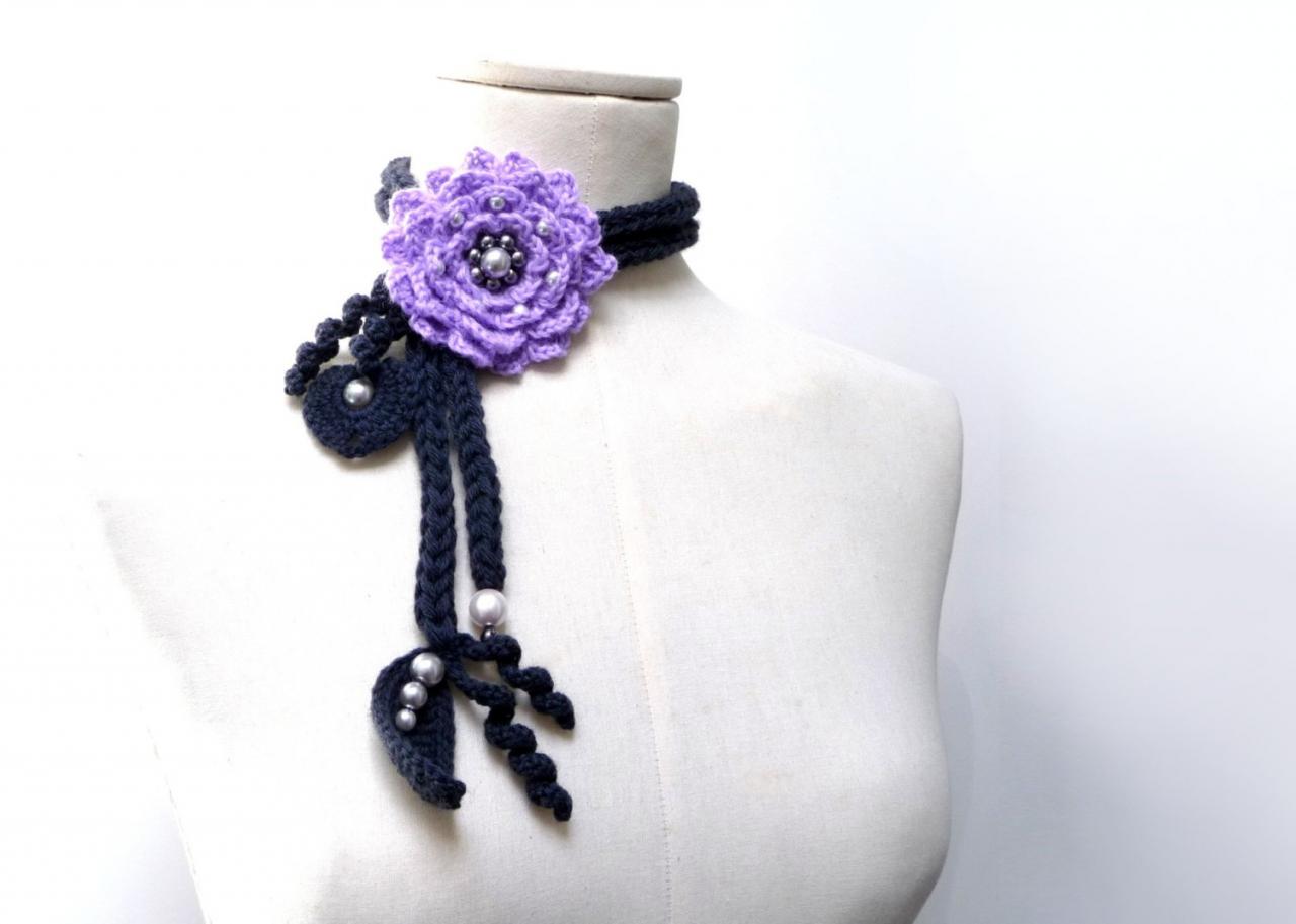 Crochet Lariat Necklace - Lavender, Lilac Flower And Grey Leaves With Glass Pearls - Made To Order - Little Peony