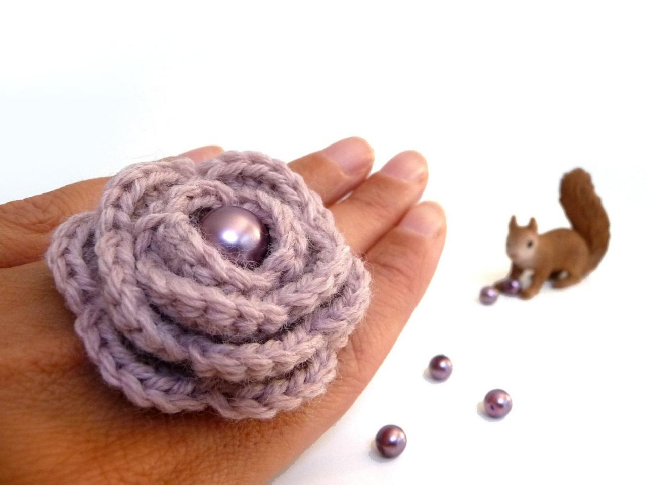 Dusty Pink Flower Ring, Crochet Wool Rose, Adjustable, Boho, Statement, Romantic Ring, Bridesmaid, Mothers Day, Anniversary, Valentines Gift