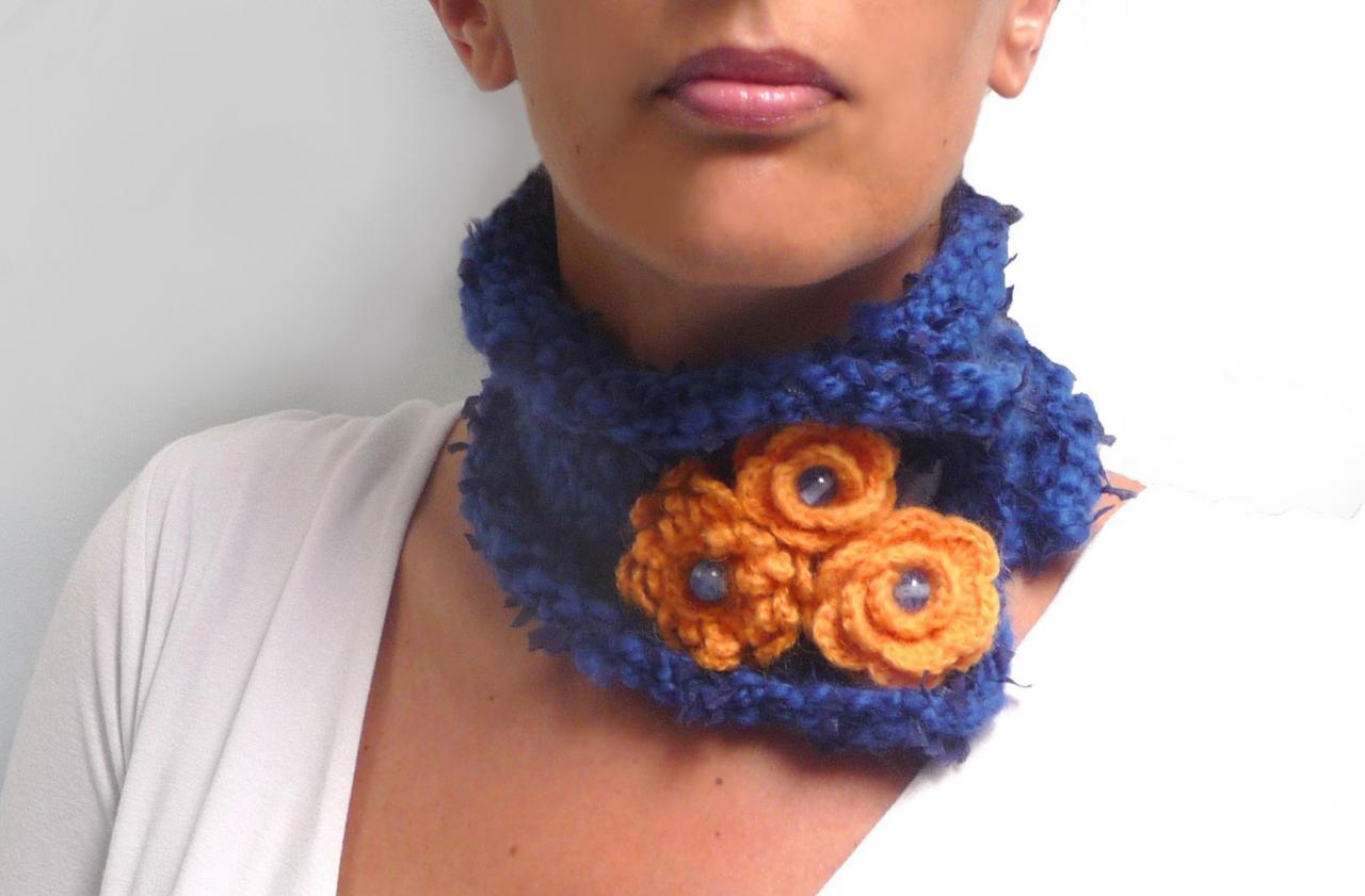 Cobalt Blue Scarf Neckwarmer With Yellow Flowers And Glass Beads, Wool Cowl Necklace Neckpiece - Posy