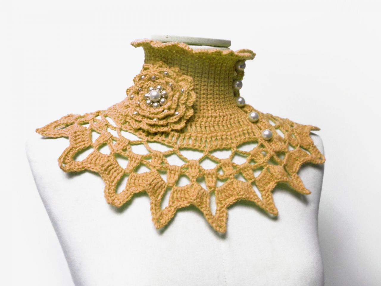 Custom Color Collar With Turtleneck, Crochet Ruffled And Lace Neck Piece, Mustard Yellow Wool Neckwarmer, Victorian Style, Mother Gift Idea