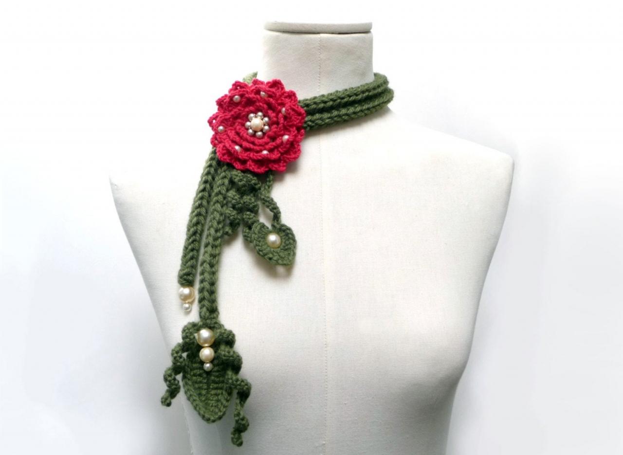 Crochet Lariat Necklace - Olive Green Leaves And Cherry Red Flower With Glass Pearls - Made To Order - Little Peony