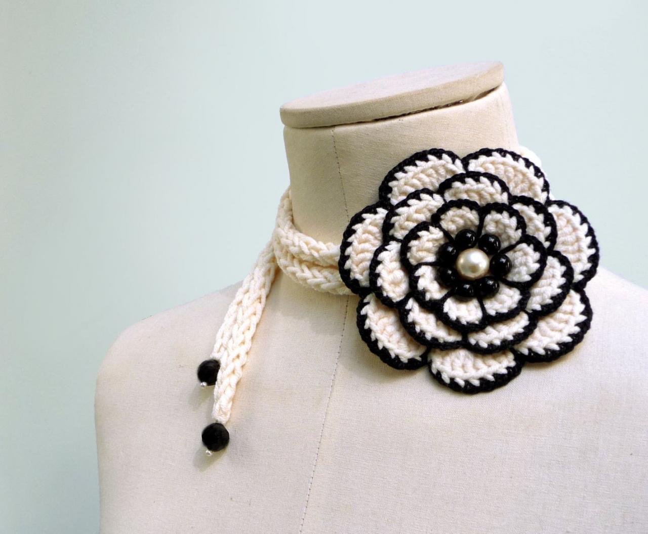 Crochet Lariat Necklace With Big Flower, Black And White Cotton With Pearls - Full Bloom