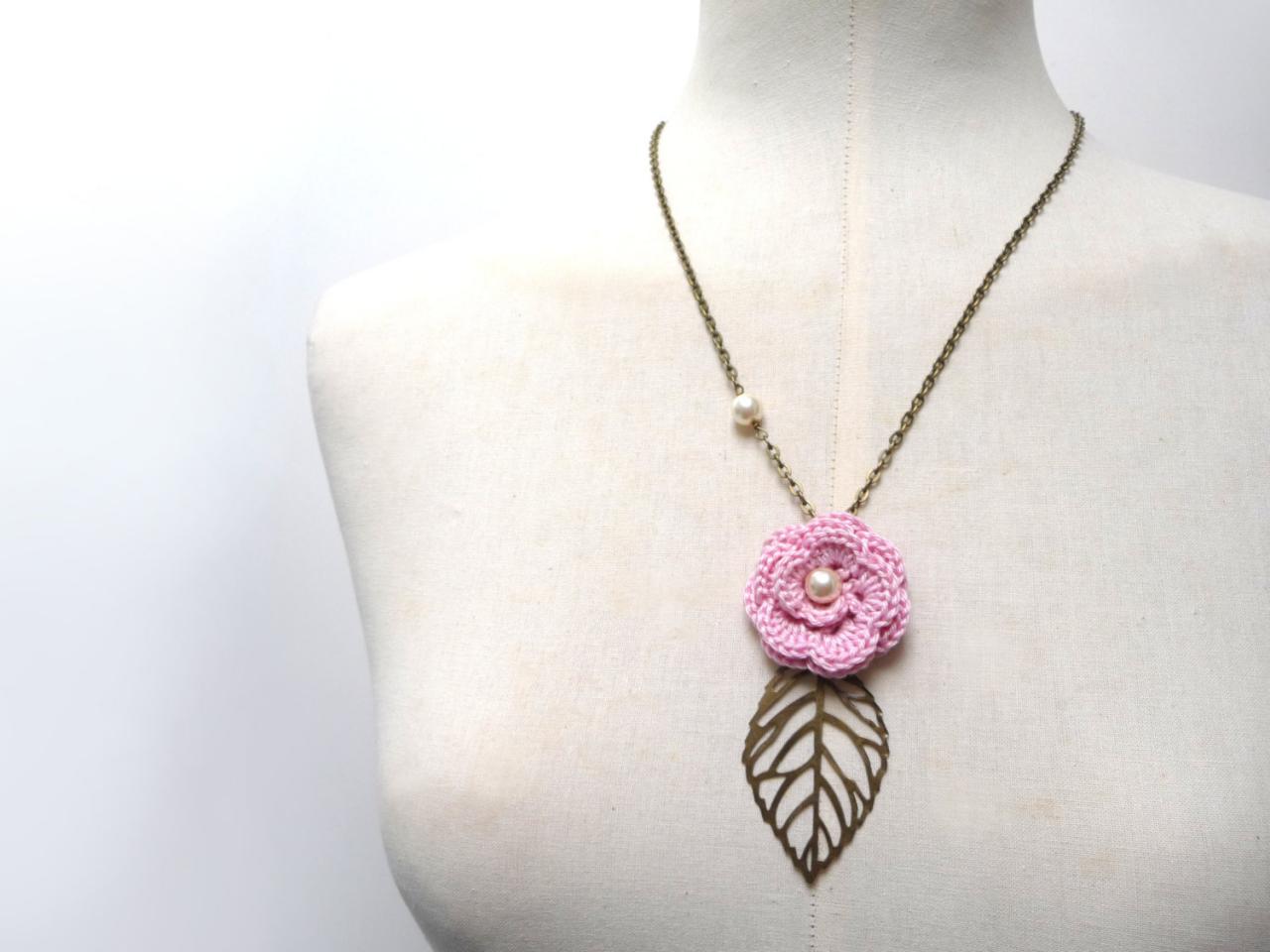 Crochet Flower Necklace With Brass Chain And Leaf - Pink Cotton Flower With Pearls - Choose The Color