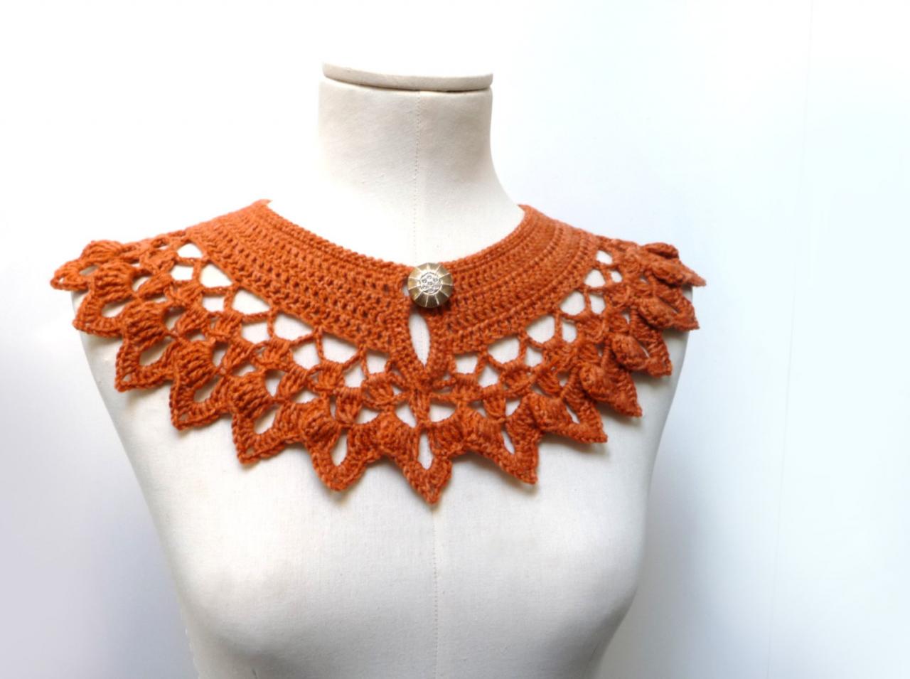 Burnt Orange Collar Necklace, Crochet Wool with Silver Button, Collar Necklace, Crochet Jewelry, Crochet Necklace, Peter Pan Collar