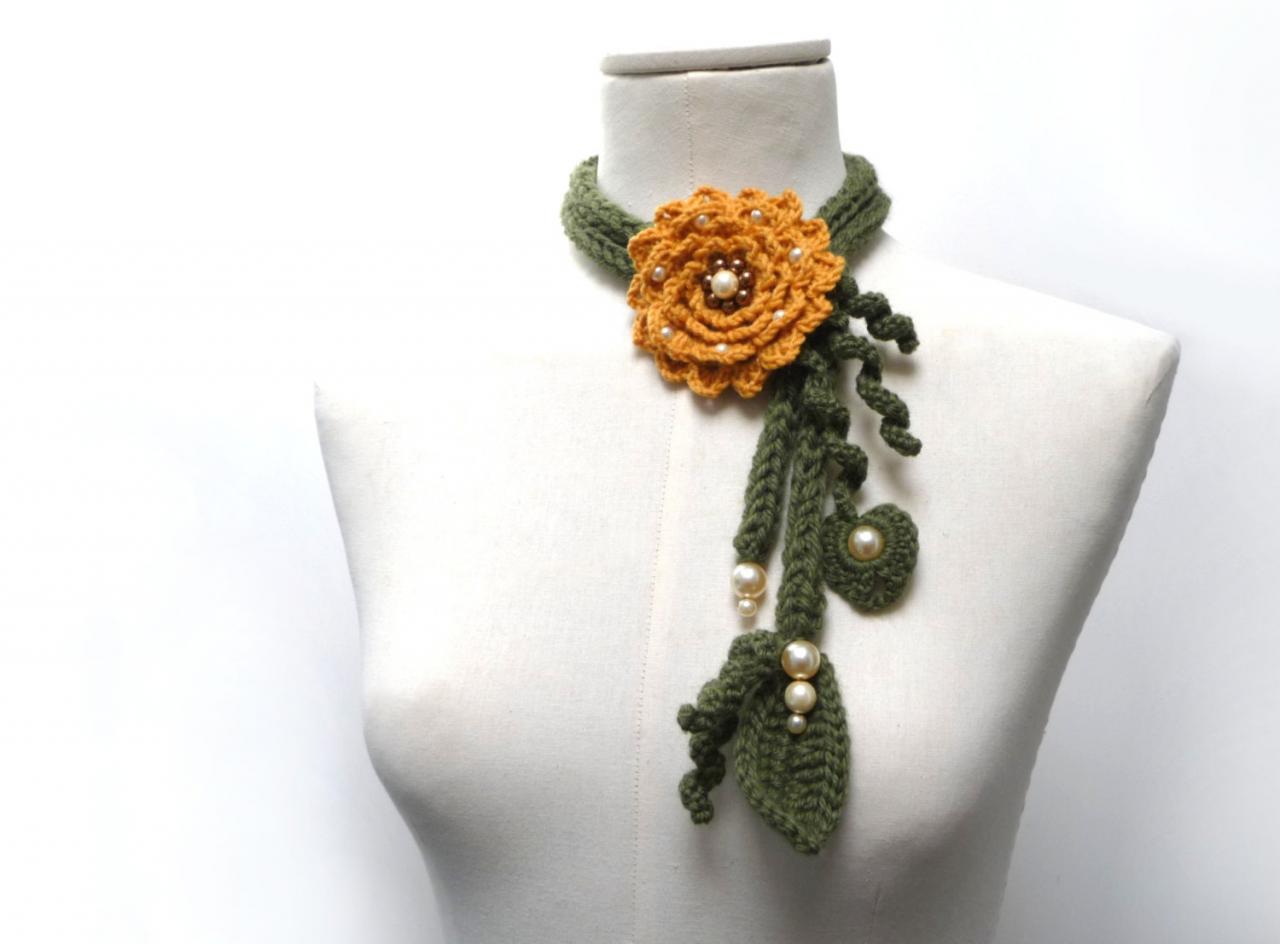 Crochet Lariat Necklace - Olive Green Leaves And Mustard Yellow Flower With Glass Pearls - Made To Order - Little Peony