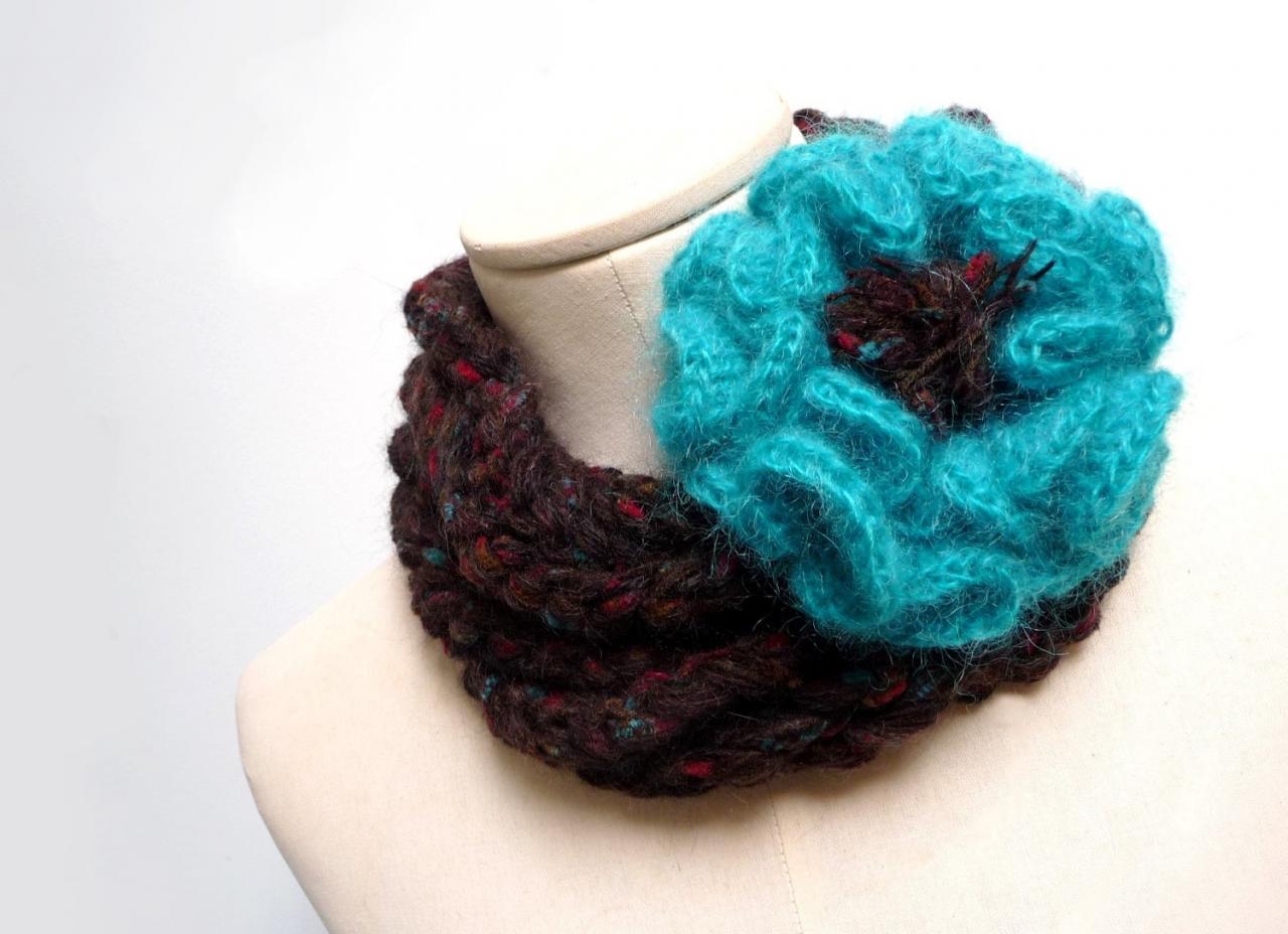 Loop Infinity Scarf Necklace, Brown Wool With Crochet Teal Green Giant Flower, Fiber Chunky Jewelry, Gift For Sister And Friend