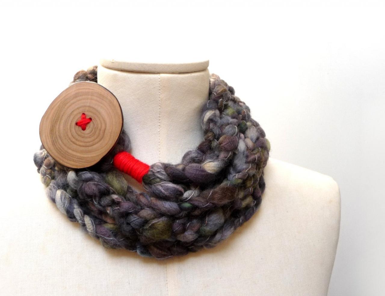 Loop Infinity Scarf Necklace, Crochet Scarflette Neckwarmer - Grey, Brown, Olive Green And Red With Giant Wood Button
