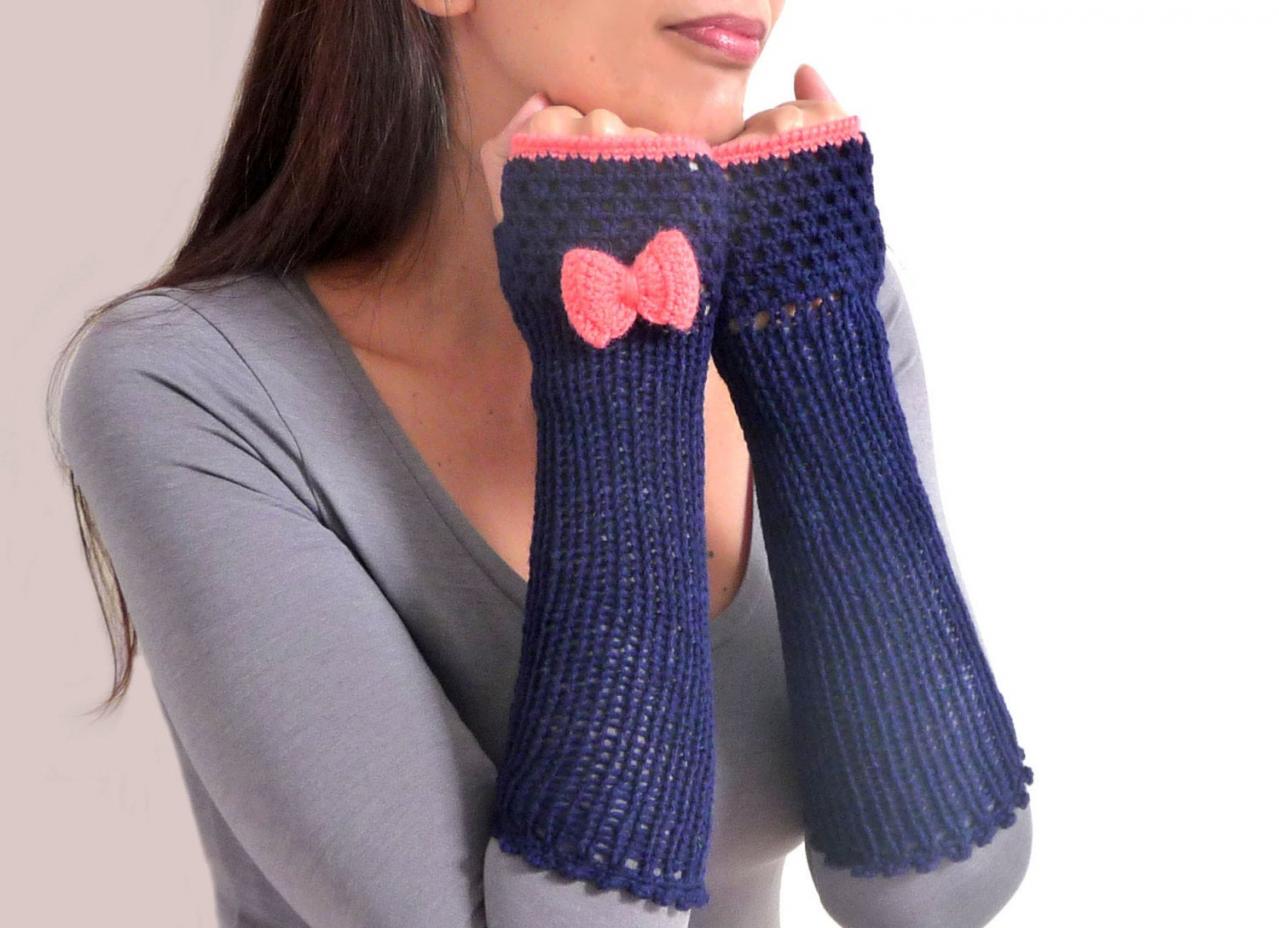 Crochet Fingerless Gloves, Arm Warmers, Mittens, Fingerless Mitts - Dark Blue With Coral Pink Bow - Friskies