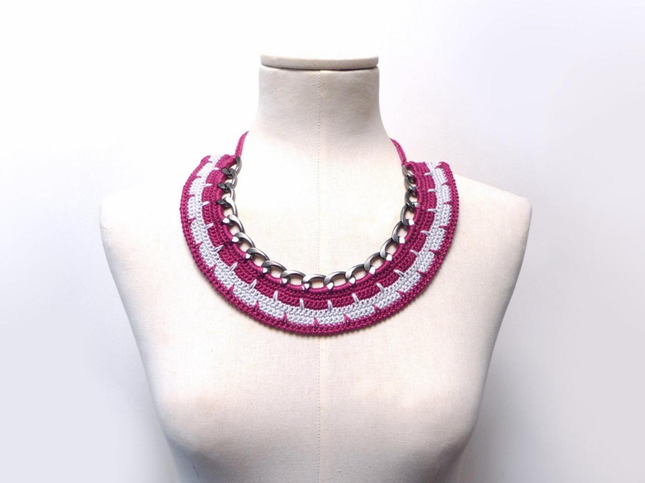 Crochet Cotton And Chain Necklace Choker - Color Block Statement Necklace - Gunmetal Chain With Plum Purple / Burgundy And Grey Cotton