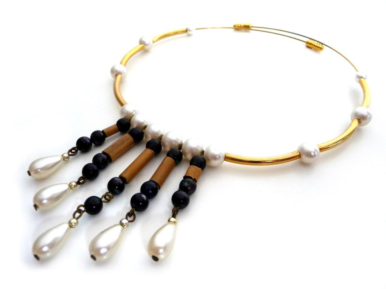 Gold Statement Garland Necklace - Gold Choker With Black Beads, Wood Sticks And White Pearl Drops