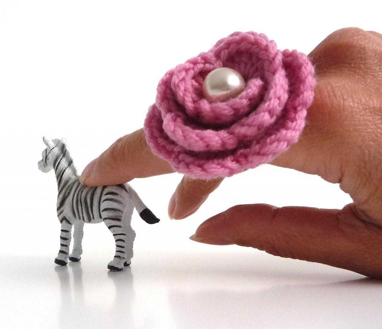 Pink Flower Ring - Crochet Wool Rose, Adjustable, Boho, Statement, Romantic Ring - Bridesmaid, Mothers Day, Anniversary, Valentines Gift