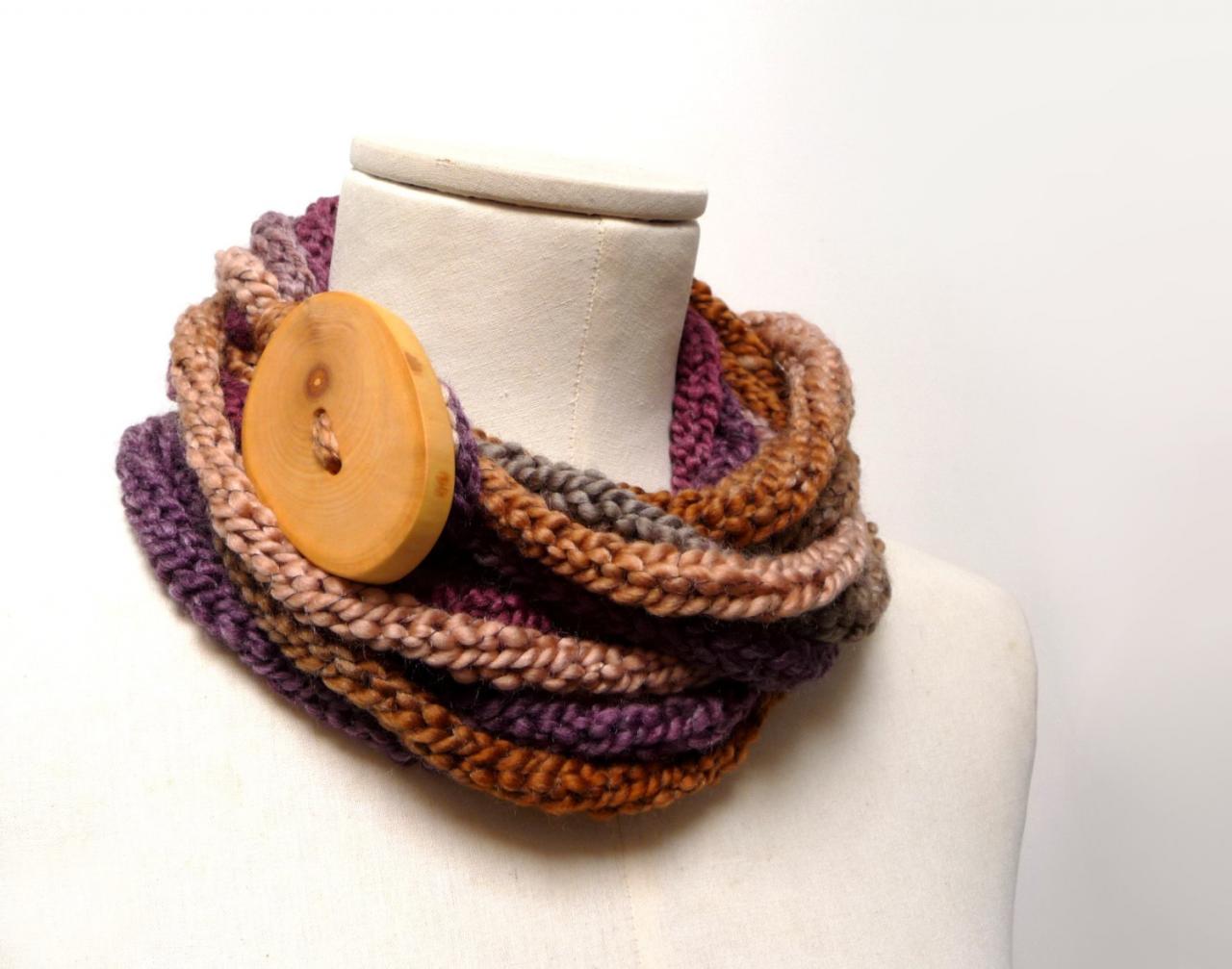 Loop Infinity Scarf Necklace, Knitted Scarlette Neckwarmer - Brown, Beige, Purple, Mauve Ombre Yarn With Giant Wood Button