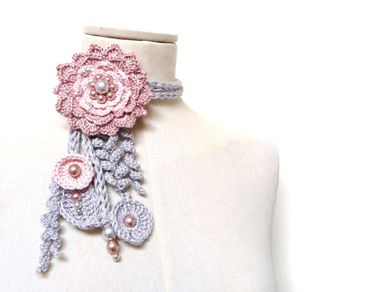 Crochet Cotton Lariat Necklaces - Light Grey Leaves And Powder Pink Flower With Glass Pearls - Little Peony
