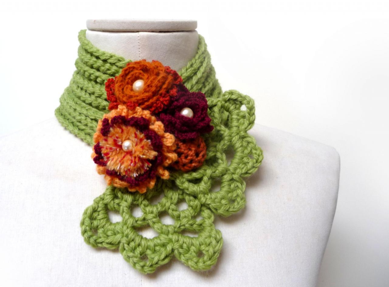 Crochet Green Scarf With Flowers - Lime Green Neckwarmer With Wool Posy - Burgundy, Rust Orange, Yellow - Wild Flowers