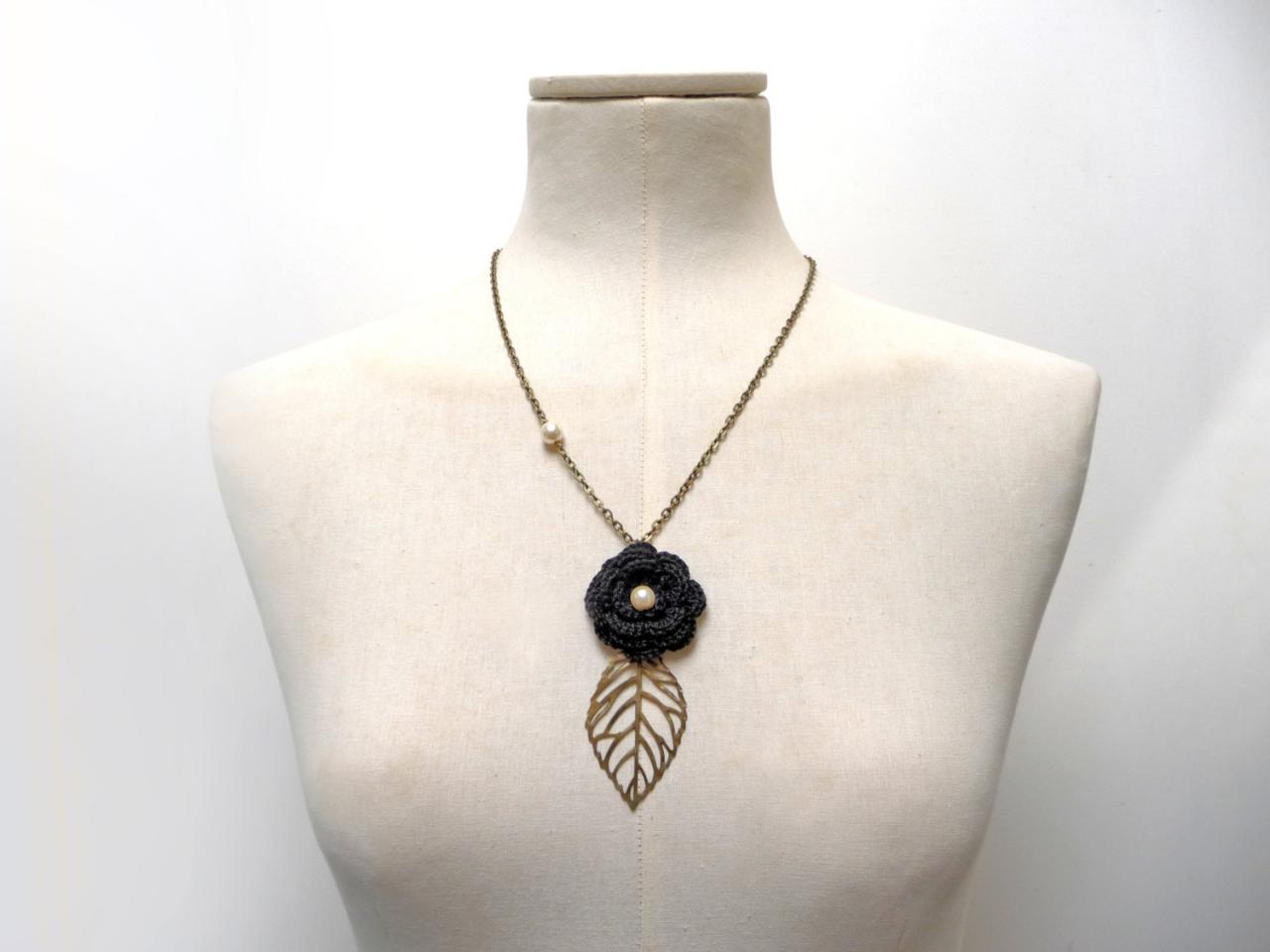 Black Flower Necklace With Brass Chain And Leaf - Crochet Cotton Flower With Pearls - Choose The Color