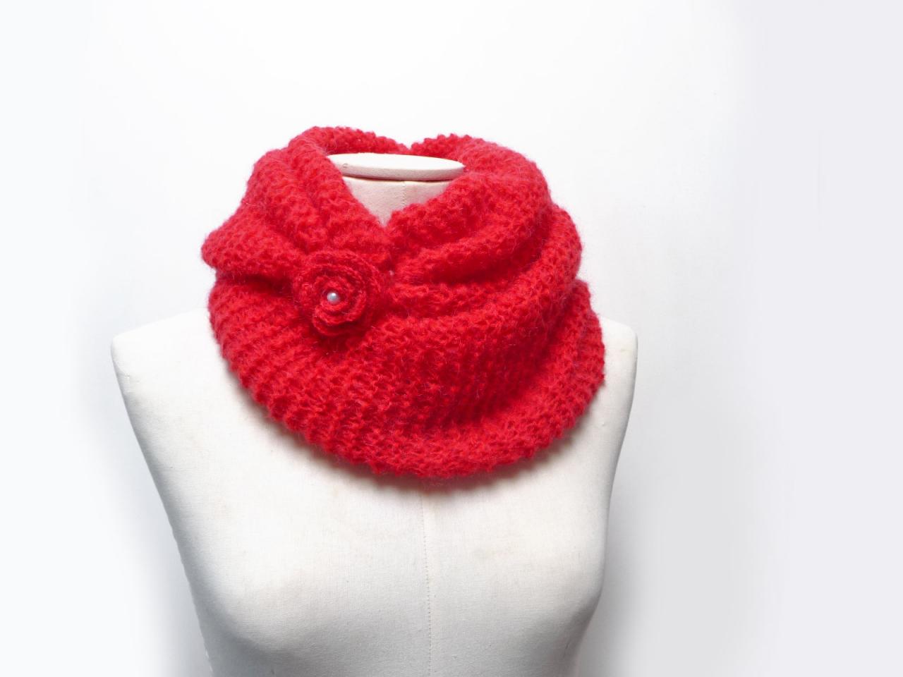 Red Mohair Loop Scarf, Oversized Knit Scarf, Circle Scarf, Chunky Cowl, Long Infinity Scarf, Tube Scarf With Flower Button, Mother Day Gift