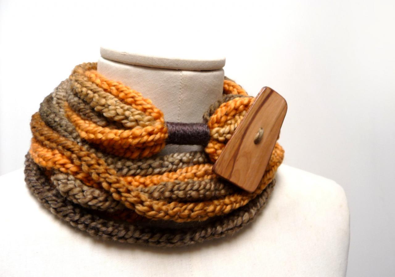 Knit Infinity Scarf Necklace, Loop Scarlette Neckwarmer - Brown, Beige, Mustard Yellow Ombre Yarn With Big Wood Button - Handmade