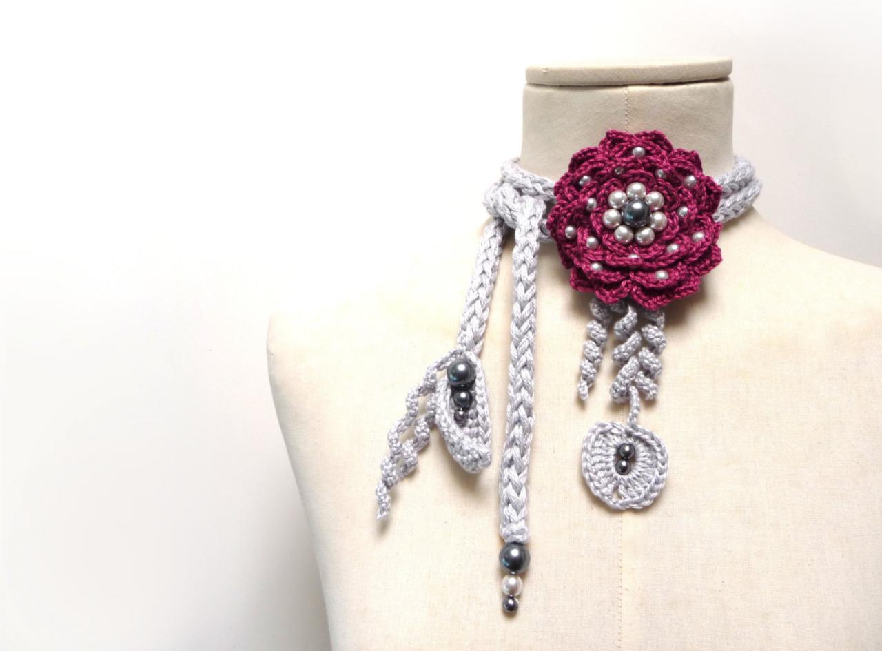 Crochet Cotton Lariat Necklace - Light Grey Leaves And Plum Purple / Burgundy Flower With Glass Pearls - Little Peony
