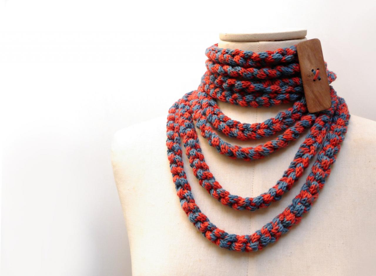 Knit Infinity Scarf Necklace, Loop Scarlette Neckwarmer - Coral Orange Red And Denim Blue With Wood Button - Handmade