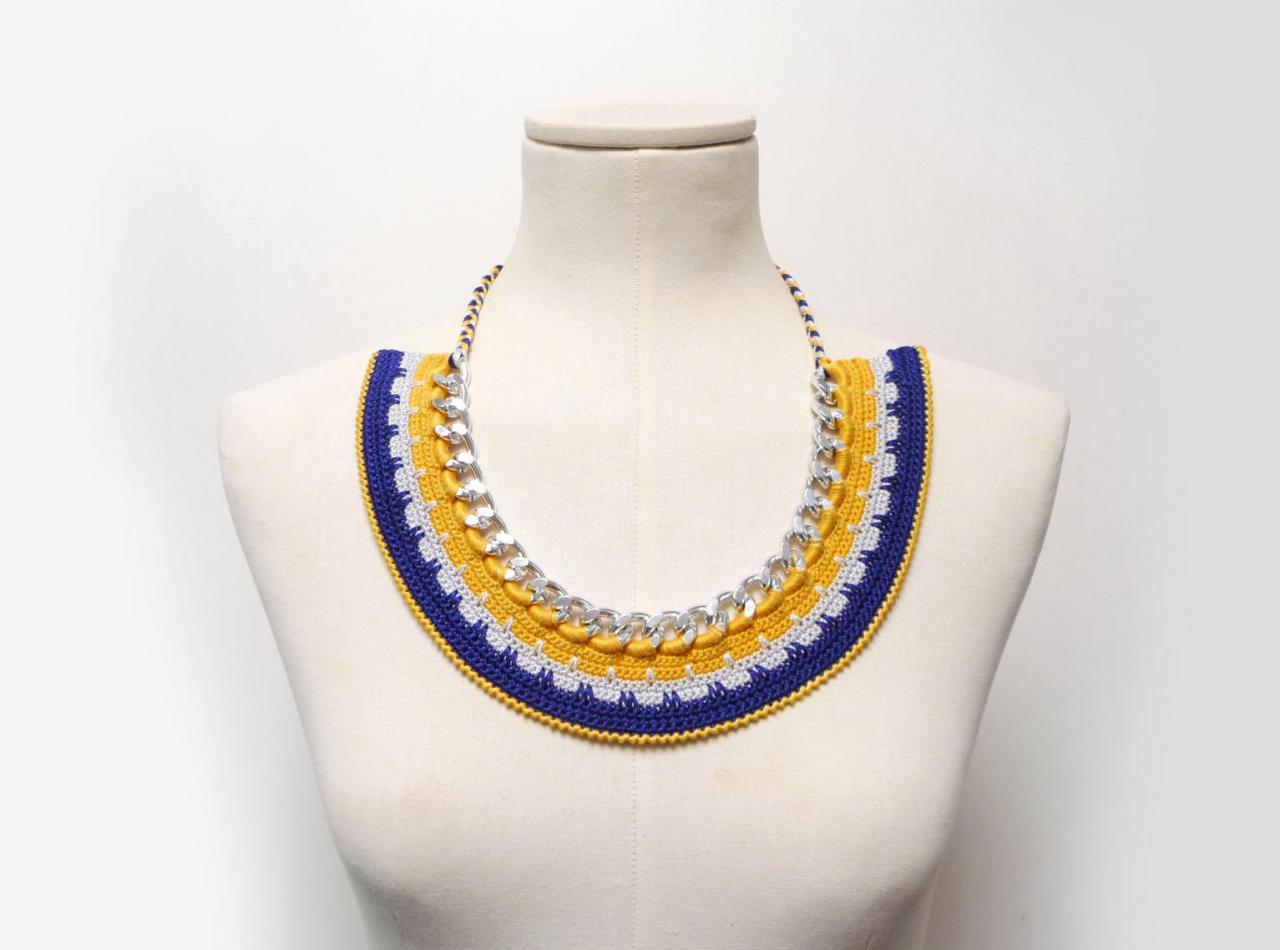Summer Bib Necklace - Blue And Yellow Crochet Cotton - Silver Chain Choker