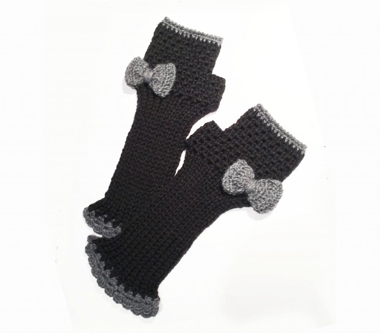 Crochet Fingerless Gloves, Arm Warmers, Mittens, Fingerless Mitts With Bows - Made To Order - Custom Colors - Friskies