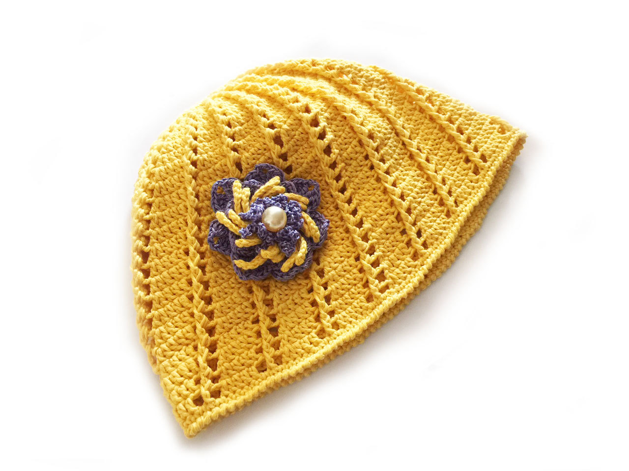 Yellow Cotton Beanie Hat, Crochet Lace Summer Hat, Womens Beach Hat, Beach Cap With Flower Brooch