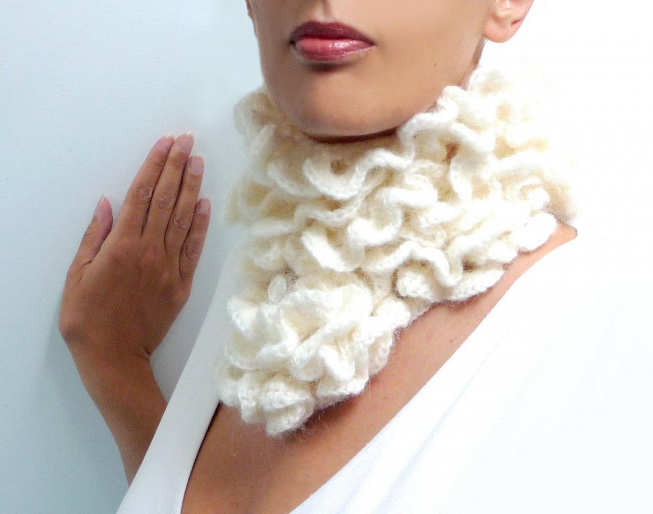 Crochet Chunky Scarf - Mohair Ruffle Scarflette - Romantic, Boho Neckwarmer - Custom Color / Made To Order - Little Pierrot
