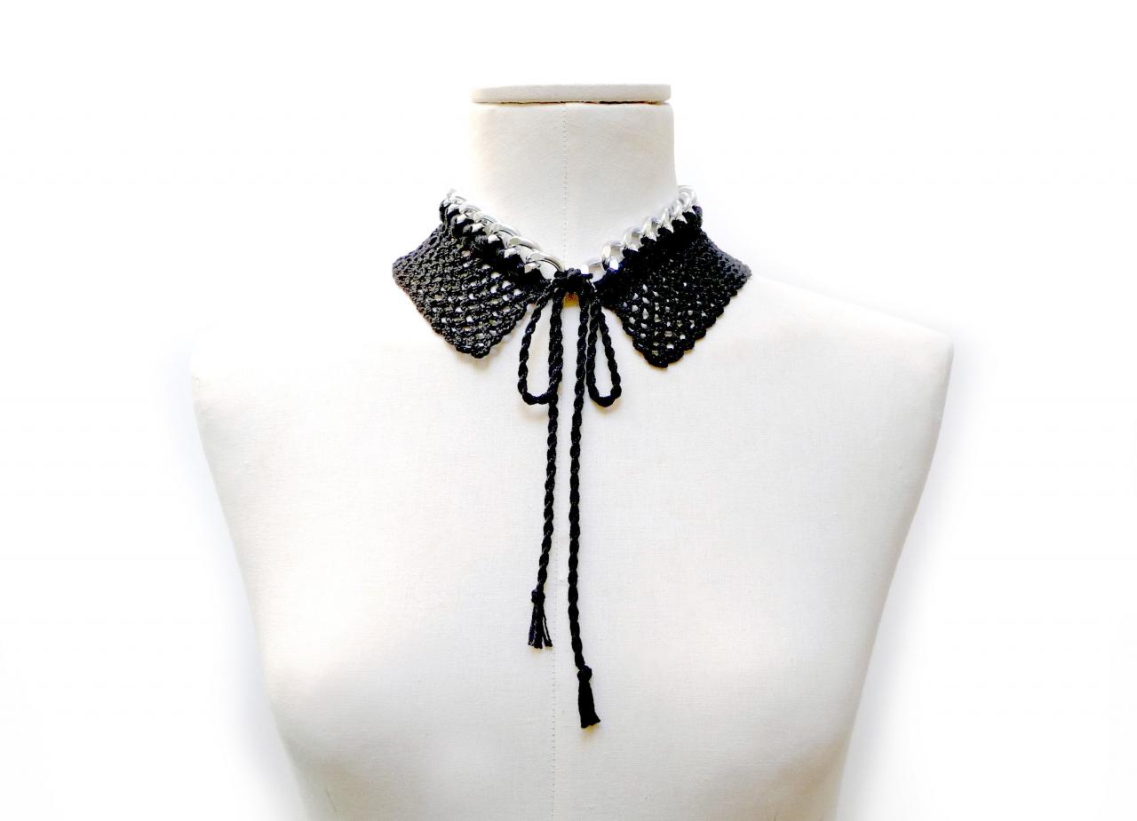 Black Peter Pan Collar Necklace, Crochet Cotton And Silver Chain Bib, Detachable Statement Jewelry, Gift For Sister And Aunt