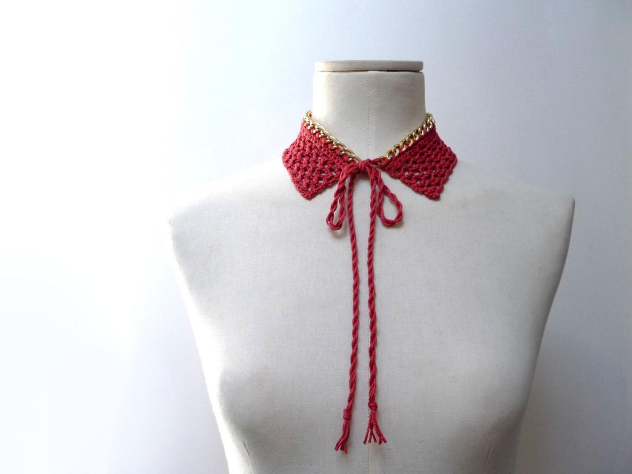 Crochet Collar Necklace - Gold Metal Chain And Orange / Rusty Brown / Brick Red Cotton