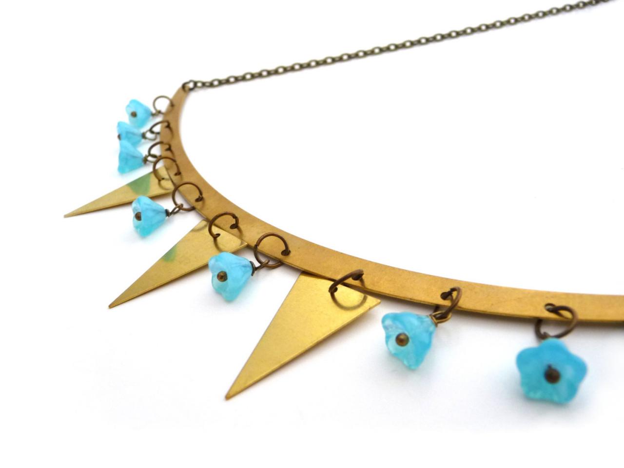 Gold Brass Garland Necklace, Triangles And Turquoise Flower Glass Beads, Geometric Jewelry