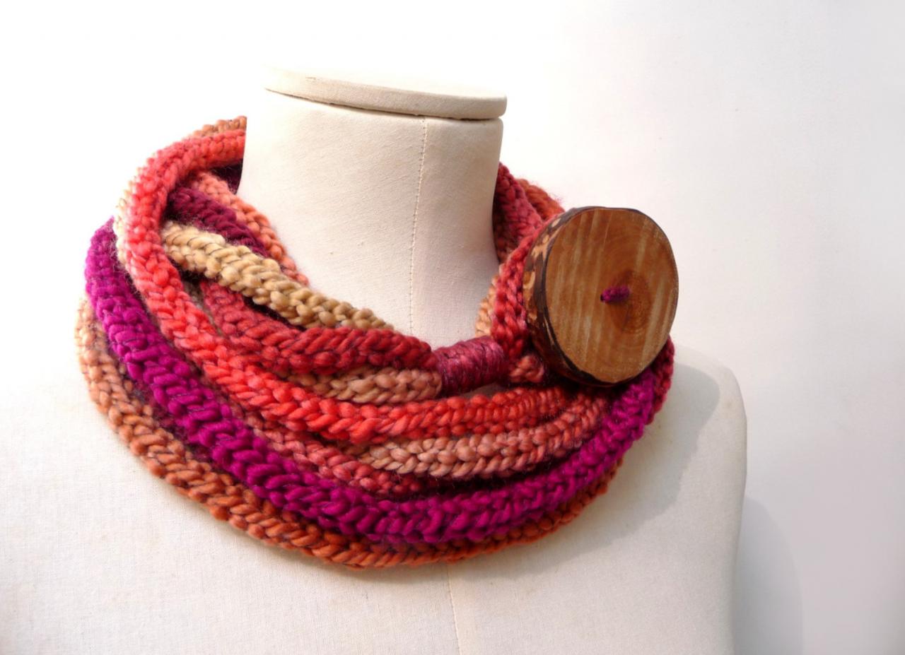 Knit Infinity Scarf Necklace, Loop Scarlette Neckwarmer - Red, Purple, Orange, Mustard Yellow Ombre Yarn With Big Wood Button - Handmade