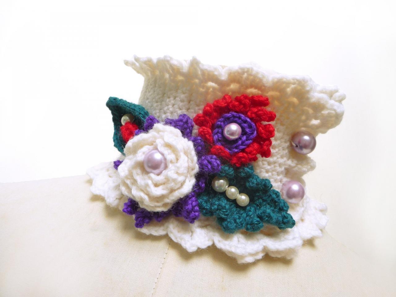 White Crocheted Cowl Neckwarmer with red + purple flowers, green leaves and glass pearls, Wool Scarf Necklace, Christmas Gift, WINTER GARDEN